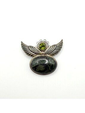 Jasper Peridot Sterling Silver Brooch Pendant Vintage 925